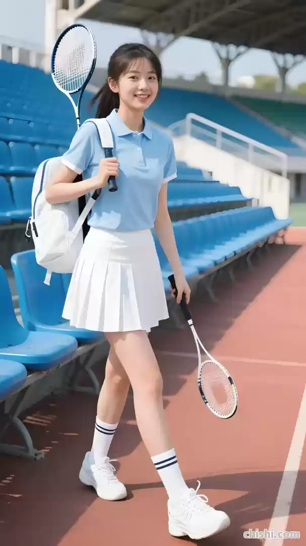 清纯女大学生身着polo衫百褶裙，打网球 第1张