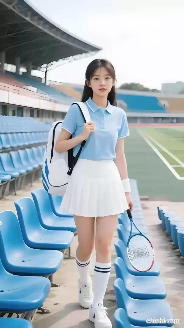 清纯女大学生身着polo衫百褶裙，打网球 第2张