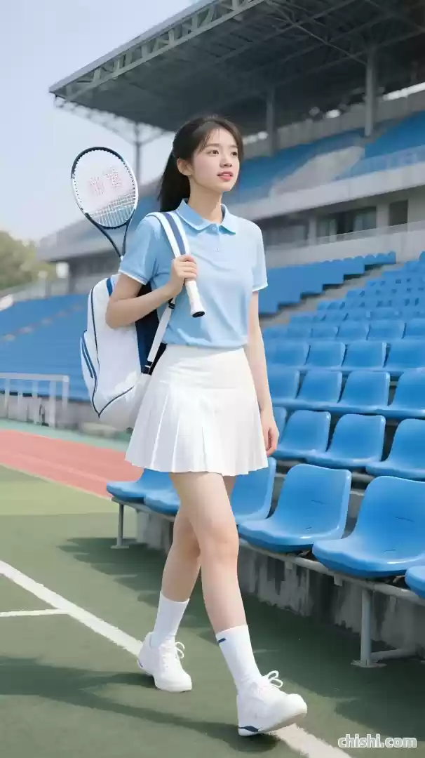 清纯女大学生身着polo衫百褶裙，打网球 第4张