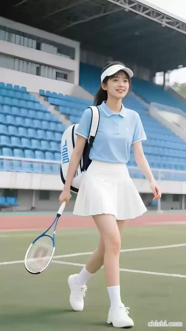 清纯女大学生身着polo衫百褶裙，打网球 第3张